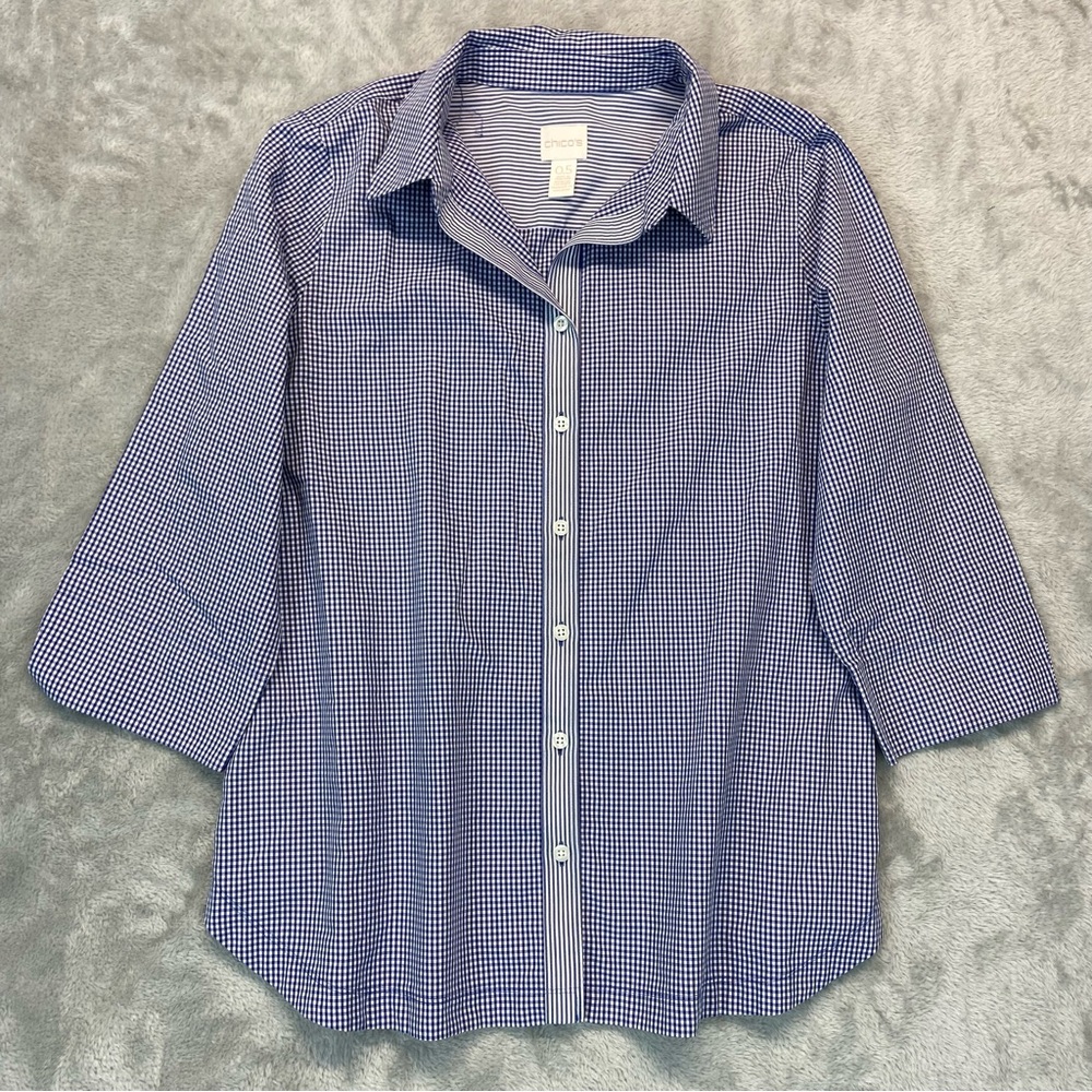 CHICOS Preppy  Button TOP 3/4 Cuffed Sleeve Blue White GINGHAM Size Chico’s 0.5